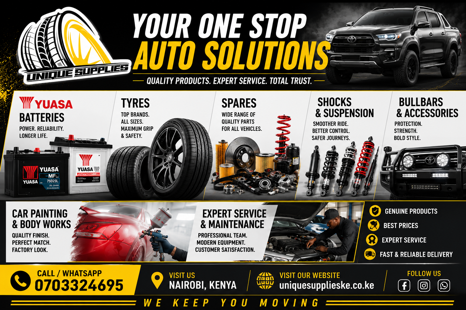 Unique Supplies Kenya auto solutions poster for tyres, Yuasa batteries, spares, shocks, bullbars and car painting services in Nairobi